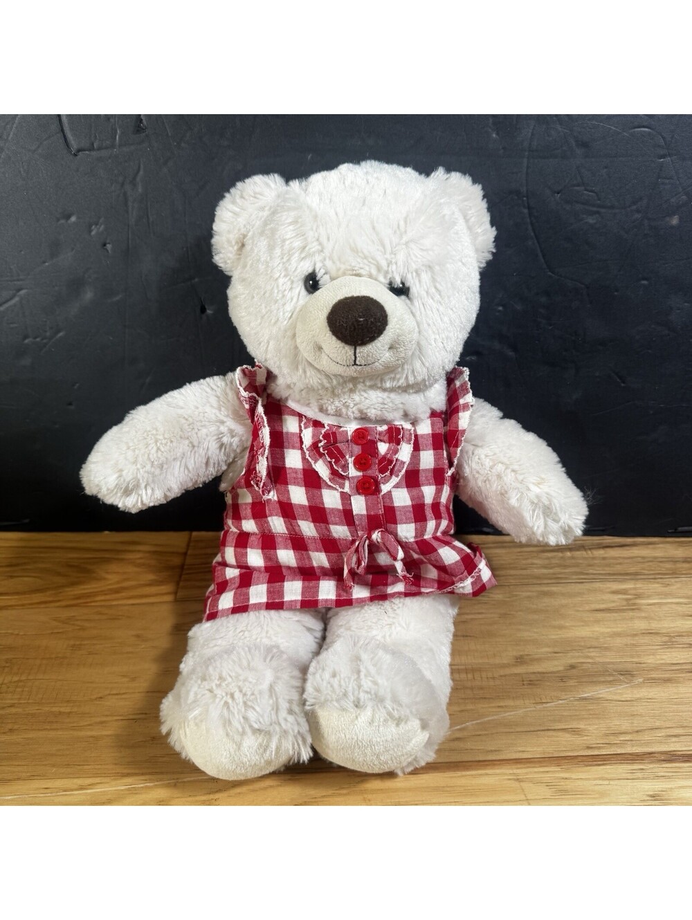 Build A Bear White Teddy Bear Red Gingham Dress Plush 15” Stuffed Animal 2012